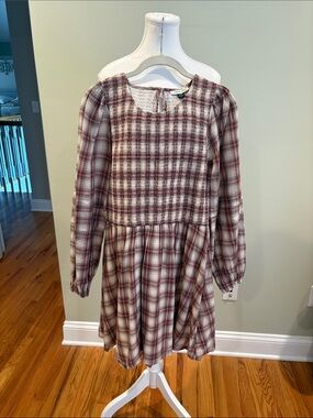 American Eagle Outfitters Burgundy and Cream Plaid Smocked Waist Dress